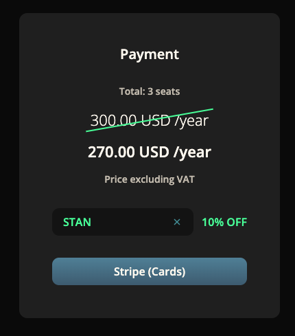 Dehancer checkout showing promo code STAN applied